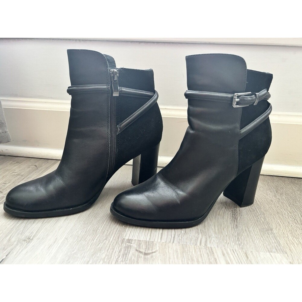 DAPHNE Black Leather Suede Ankle Boots Strap Buckle Block Heel Size 6